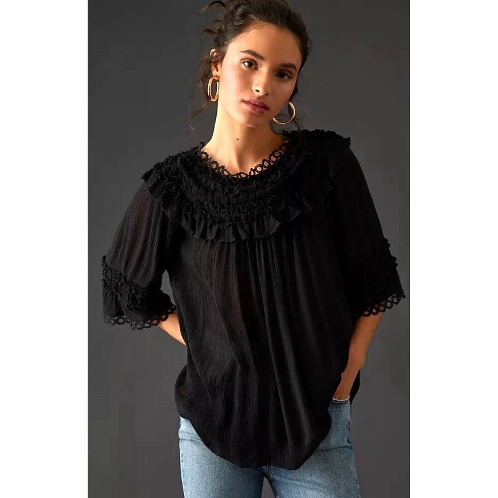by Anthropologie Black Ruffle Lightweight Blouse Size Small NWT